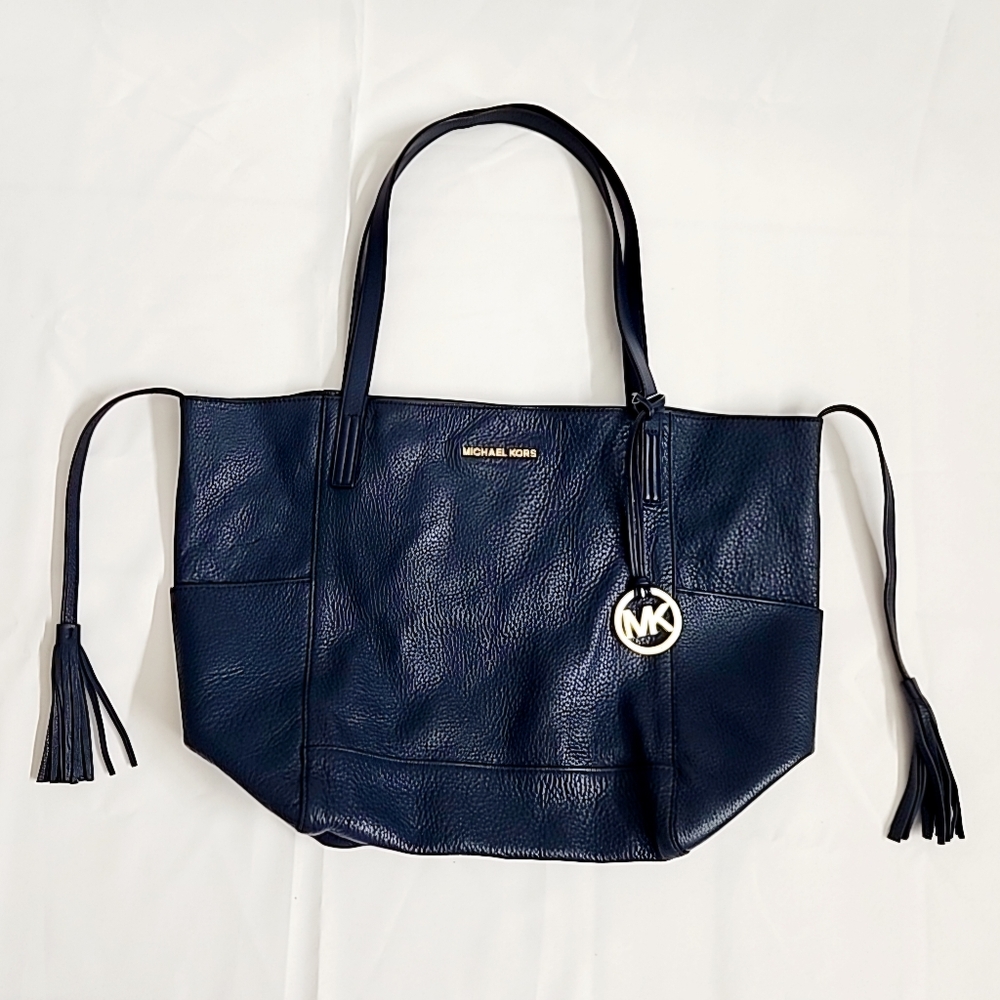 Michael Kors Saffiano Leather Large Shoulder Bag Purse Tote Navy Blue
